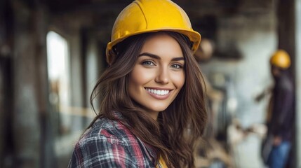 Woman with long hair and a hard hat smiles while working at a construction site with colleagues