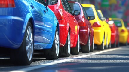 Various colorful cars are parked in a row along a busy street on a bright sunny day