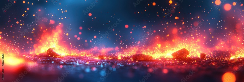 Poster glowing lava flows under a dark sky, with bright sparks and floating embers creating a mesmerizing s