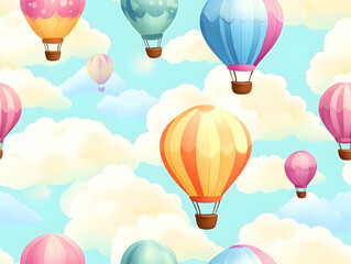 Obraz premium Fluffy clouds and colorful hot air balloons create a cheerful and whimsical seamless pattern in a bright sky