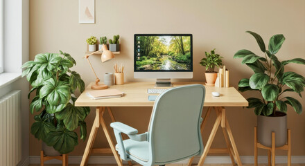 Fototapeta premium Stylish Home Office with Greenery and Modern Decor for Inspiration and Productivity