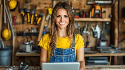 Female carpenter with long hair and a bright smile uses a laptop in a well equipped workshop