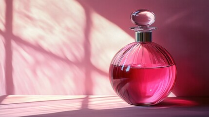 Elegant Round Glass Perfume Bottle with Pink Liquid on Soft Surface