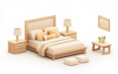 Realistic 3D icon cartoon of a Scandinavian-style bedroom with soft neutral colors, a plush bed, and wooden furniture, isolated on a white background