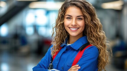 Obraz premium Woman with curly hair smiles while wearing work attire in a bright, modern office space