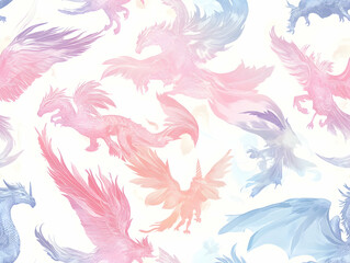 Obraz premium Whimsical pattern featuring colorful feathers and mythical creatures in soft pastel shades