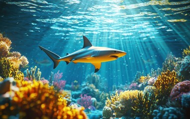 Fototapeta premium Realistic 3D icon cartoon of a shark swimming near a coral reef, with sunlight filtering through the water
