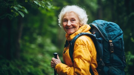 An elderly woman smiles while hiking through a verdant forest, enjoying the great outdoors and nature