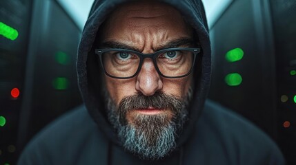 Technician in hooded sweatshirt focuses on hardware in a dark server room filled with lights