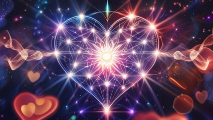 Obraz premium Sacred Geometry Heart Design, Light Codes Emanating Radiantly, Intricate and Symmetrical Patterns, Mystical and Spiritual Energy, Vibrant Glow and Dynamic Illumination, Symbol of Love and Higher Consc