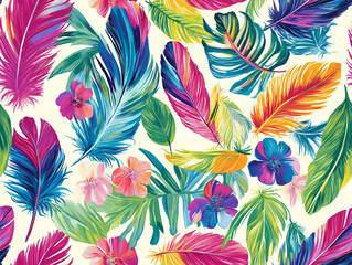 Vibrant tropical feather pattern showcasing colorful flora and foliage with a lively background