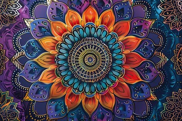 A mesmerizing mandala features a central circular pattern surrounded by radiating, colorful floral petals in shades of orange, blue, and purple. Intricate details and gold accents enhance the design.