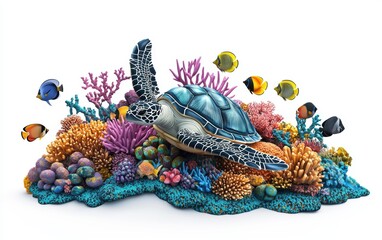 Naklejka premium Realistic 3D icon cartoon of a vibrant coral reef with colorful fish and a sea turtle swimming, isolated on a white background