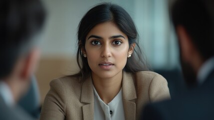Naklejka premium Woman in business attire engaged in a serious conversation with two colleagues in a conference room