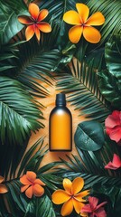Obraz premium Aromatic Essential Oil Bottle Surrounded by Tropical Flowers and Leaves