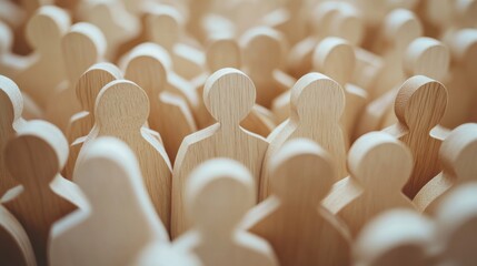 Fototapeta premium Various wooden figures are arranged closely, symbolizing community and interaction among people