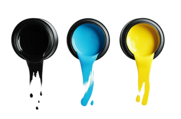  CMYK  or pink , yellow, blue, black and red stroke of paint pouring from can isolated on png transparent background