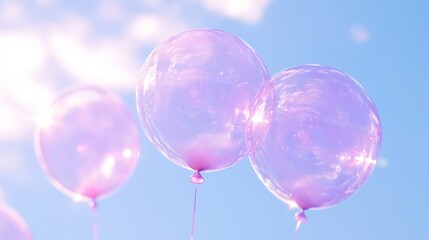 Three pink balloons float in a clear blue sky, shining in the sunlight and brightening the day