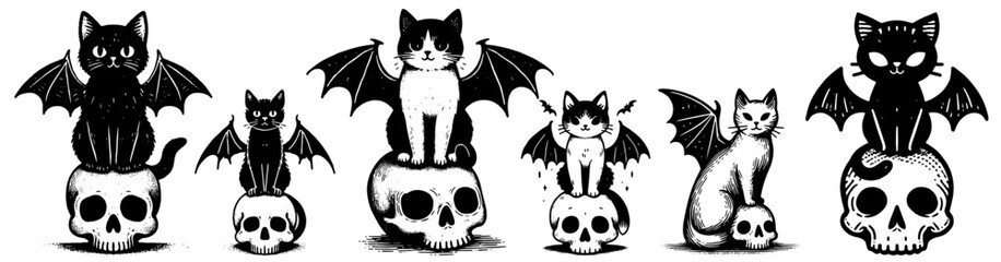 Obraz premium cats with bat wings sitting on skulls grunge sketch vector silhouette