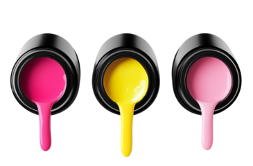  CMYK  or pink , yellow, blue, black and red stroke of paint pouring from can isolated on png transparent background