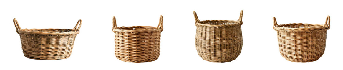 Set of Four Handwoven Rattan Baskets with Handles on White Background