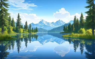 Obraz premium Realistic 3D icon cartoon of a serene lake surrounded by pine trees, with mountains in the distance