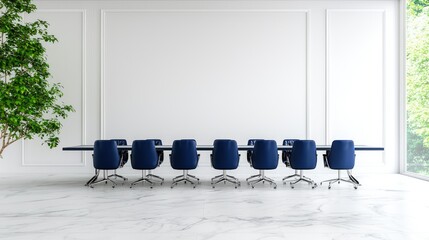 Modern conference room, meeting table, chairs, plants, window view, office interior design