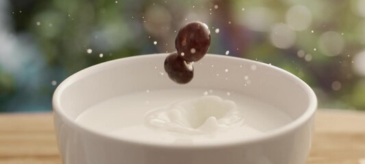Close-up view of brown chocolate balls pouring into a bowl of milk in slow-motion. Healthy breakfast concept