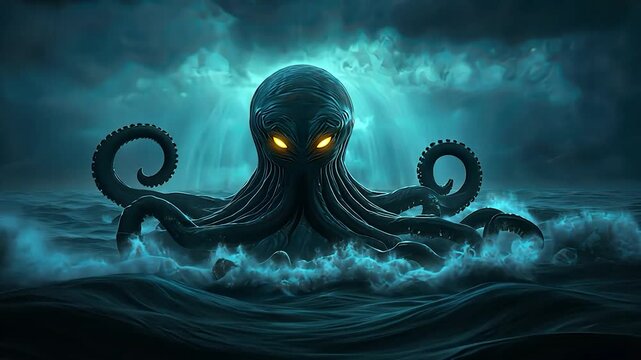 A mysterious octopus emerges from dark, swirling ocean waters.