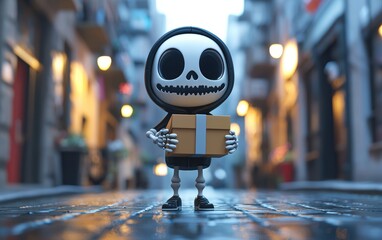 Realistic 3D icon cartoon of a skeleton dressed as a delivery person, holding a package, on an urban street background