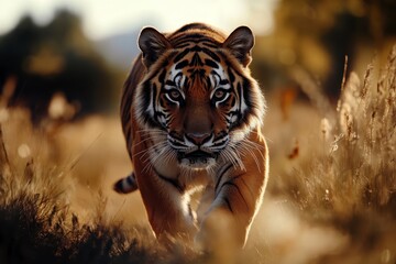 Obraz premium Majestic Tiger Roaming Through Lush Grassland, Showcasing Powerful Strides and Intricate Fur Patterns Under Bright Daylight