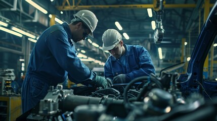 Caucasian male engineers working on car engine in industrial factory setting