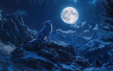 Obraz premium Realistic 3D icon cartoon wolf howling at a full moon in a rocky terrain