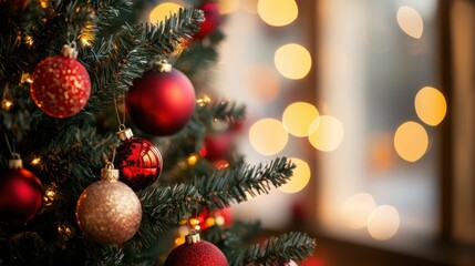 Festive christmas tree with red and gold ornaments and warm bokeh lights