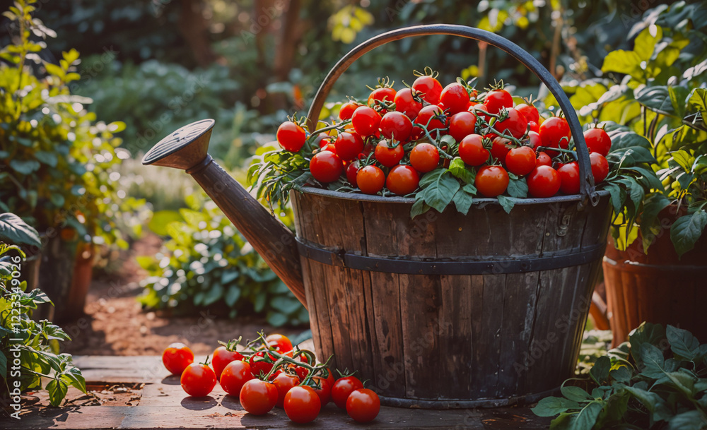Aufkleber a bucket full of ripe red tomatoes sits on a wooden table. the bucket is filled with tomatoes and ha