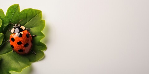 Obraz premium A vibrant red ladybug with black spots resting on a detailed green oak leaf against a clean white background, symbolizing nature and renewal