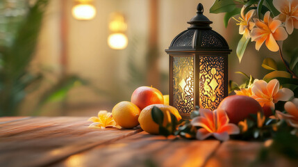 Ornate lantern illuminating fresh fruit and flowers on rustic table