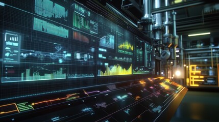 Obraz premium A highresolution image of a digital interface featuring multilayered graphs each layer representing different manufacturing phases and their respective KPIs.
