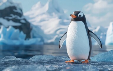 Fototapeta premium Realistic 3D icon cartoon penguin standing on icy terrain with a backdrop of glaciers