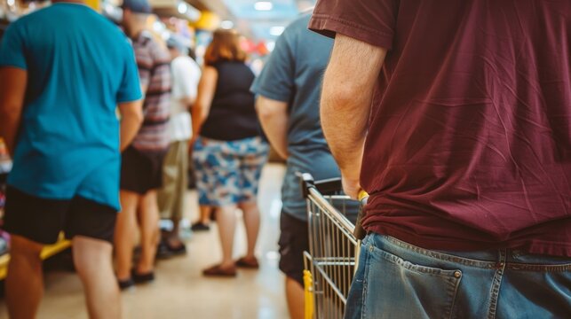 Crowded supermarket aisle with diverse shoppers waiting in line