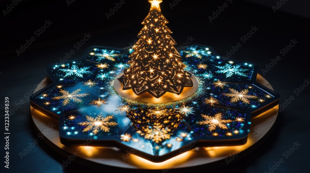 Poster illuminated decorative christmas tree with snowflake light display on round base