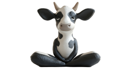 A playful cartoon cow in a meditative pose. A whimsical meditating cow figurine sitting in a yoga pose with a calm expression. Perfect for relaxation, mindfulness, and farm-themed decor.
