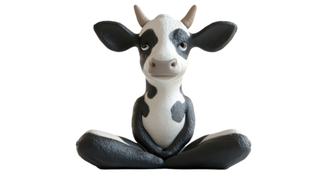 A playful cartoon cow in a meditative pose. A whimsical meditating cow figurine sitting in a yoga pose with a calm expression. Perfect for relaxation, mindfulness, and farm-themed decor.