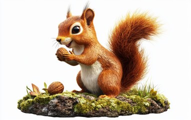 Obraz premium Realistic 3D icon cartoon squirrel holding a nut on a mossy tree trunk