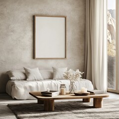 A white couch with pillows and a wooden coffee table. A framed white picture hangs on the wall
