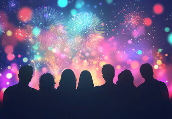 Silhouettes Watching Colorful Fireworks Display with Bokeh Lights