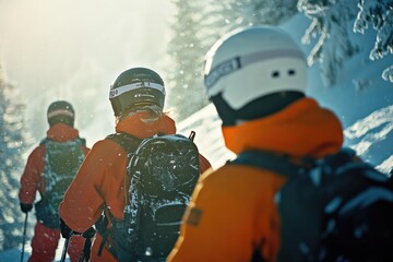 A group of people skiing up a snowy hill