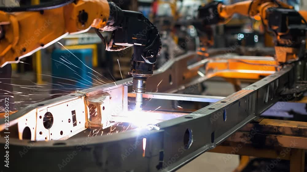 Poster automated robotics perform welding on a metal frame, producing bright sparks in a dynamic industrial