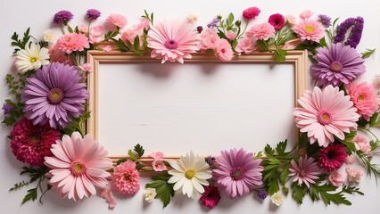 A wooden frame surrounded by a vibrant arrangement of flowers on a soft, light background.