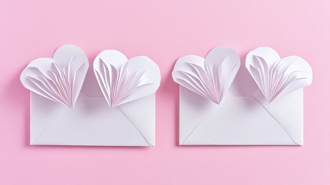 Two white envelopes with folded paper hearts on a pink background, great for valentine's day or love-themed occasions